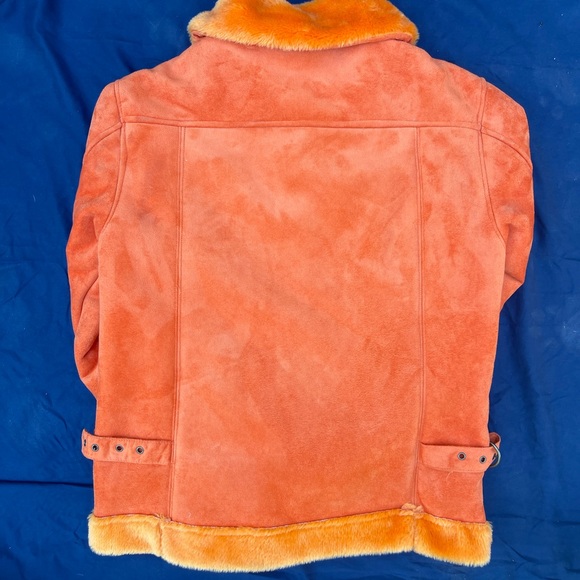 1990s Suede Bright Orange Bomber Zip Up Jacket with Faux Fur Orange Trim LARGE - Picture 5 of 9